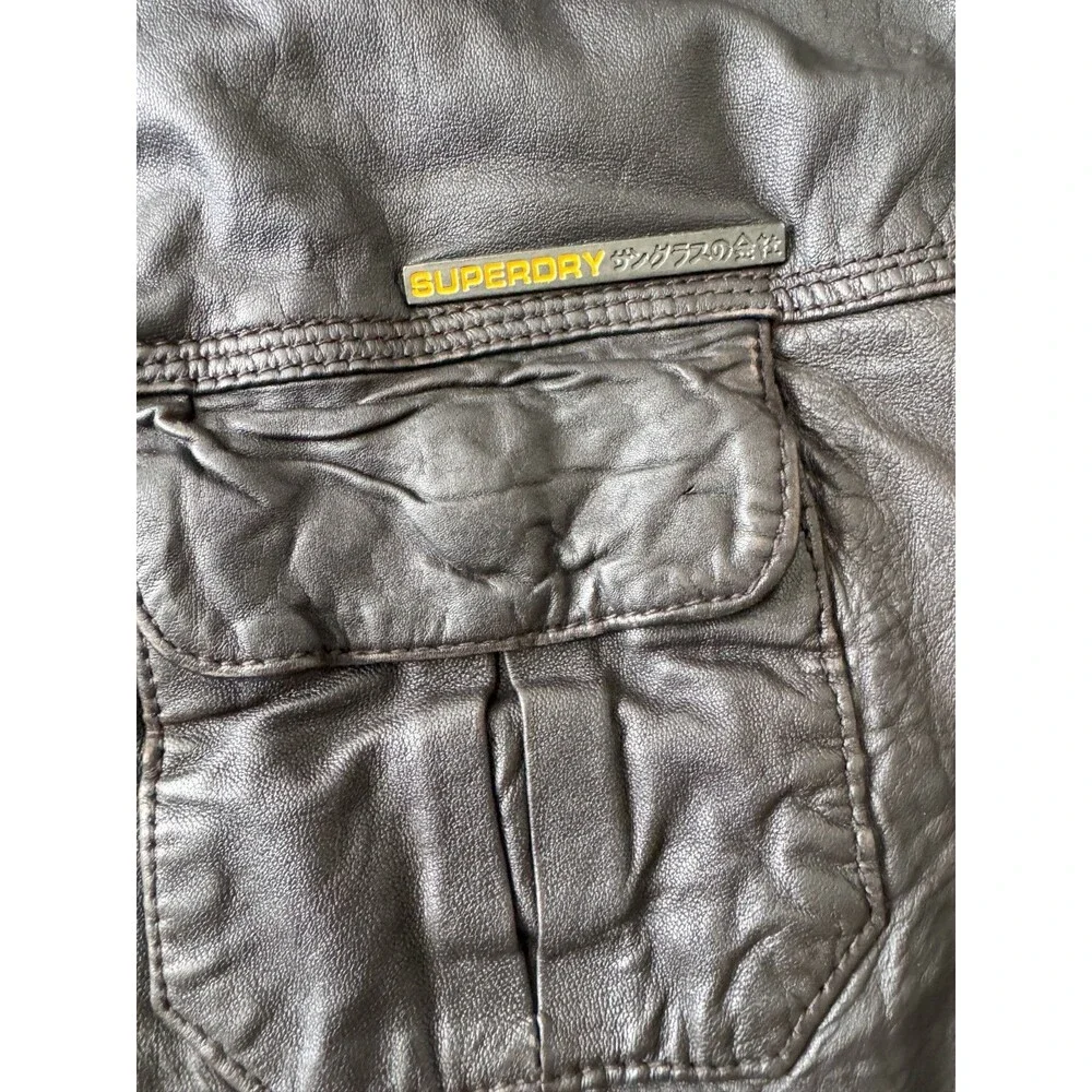 Superdry Men's Black Leather Brad Moto Logo Bomber Jacket Size Large